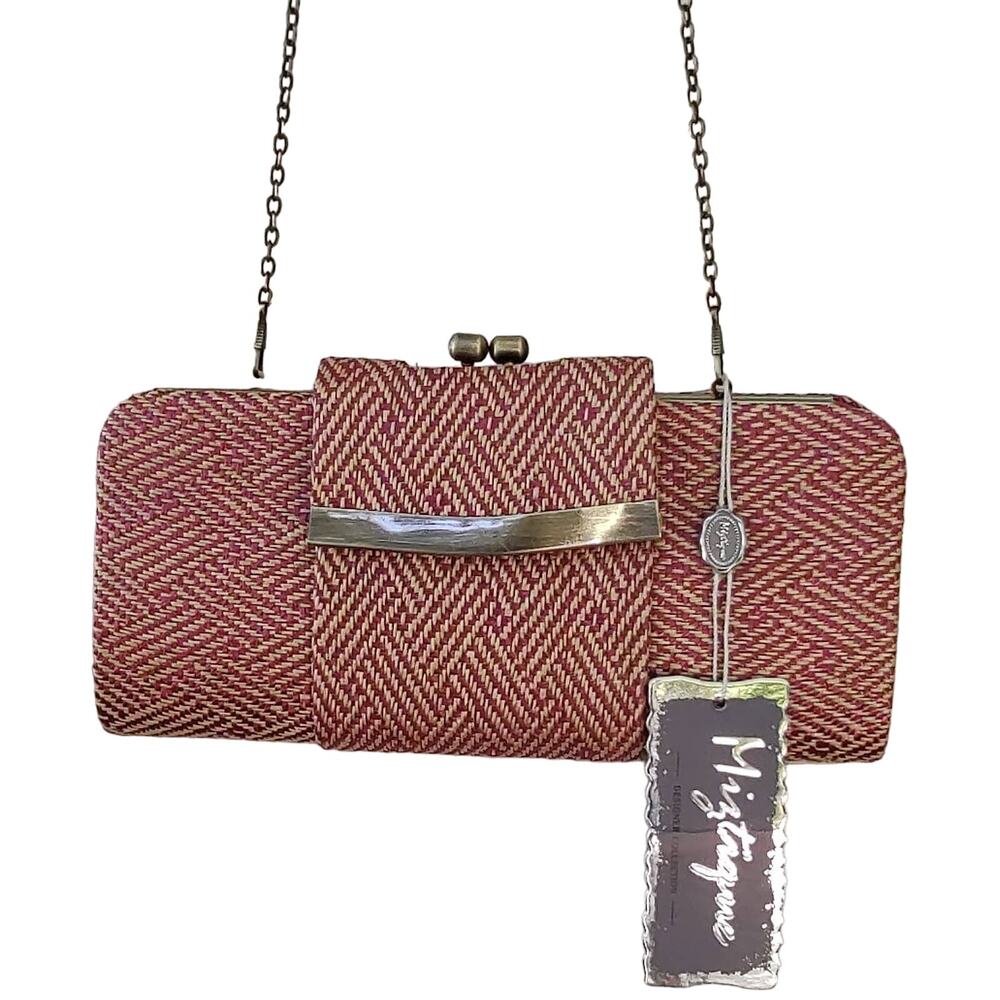 Miztique - Raspberry Pink & Cream Woven Rattan Clutch w/ Shoulder Strap, NWT